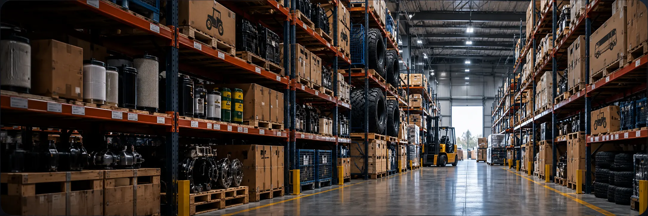 Parts warehouse with shelves stocked with genuine parts
